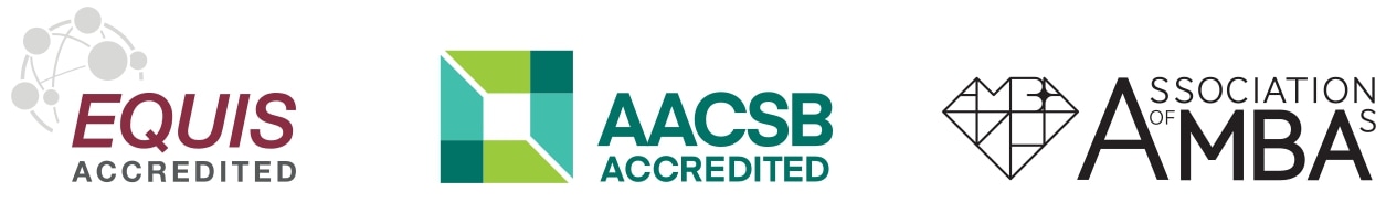 Logos representing JIBS’s triple accreditation: EQUIS Accredited, AACSB Accredited, and Association of MBAs (AMBA) Accredited.