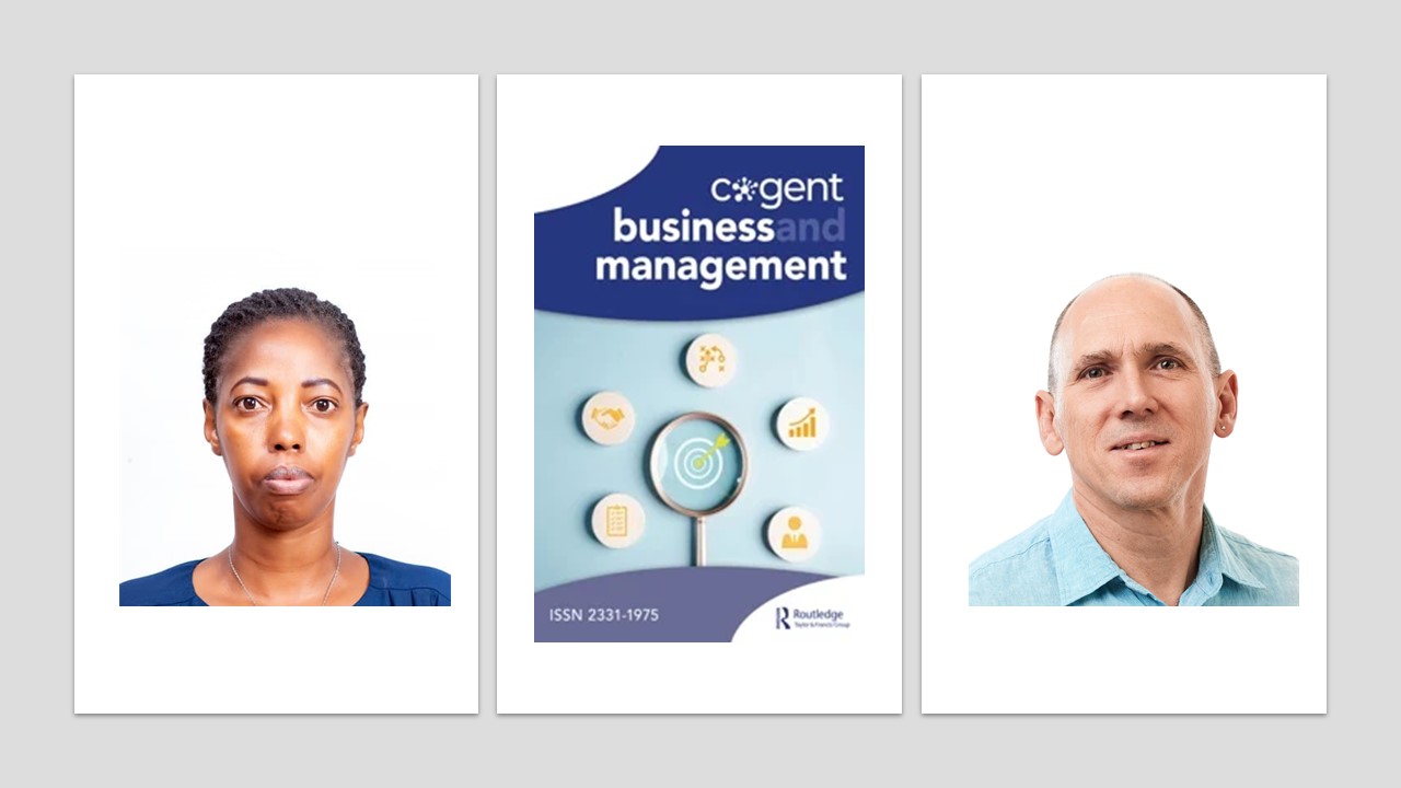 Split image featuring the cover of "Cogent Business and Management" journal by Routledge on the left and a middle-aged man in a light blue shirt against a white background on the right.