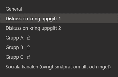 Skärmbild som visar exempel på kanaler i Teams.