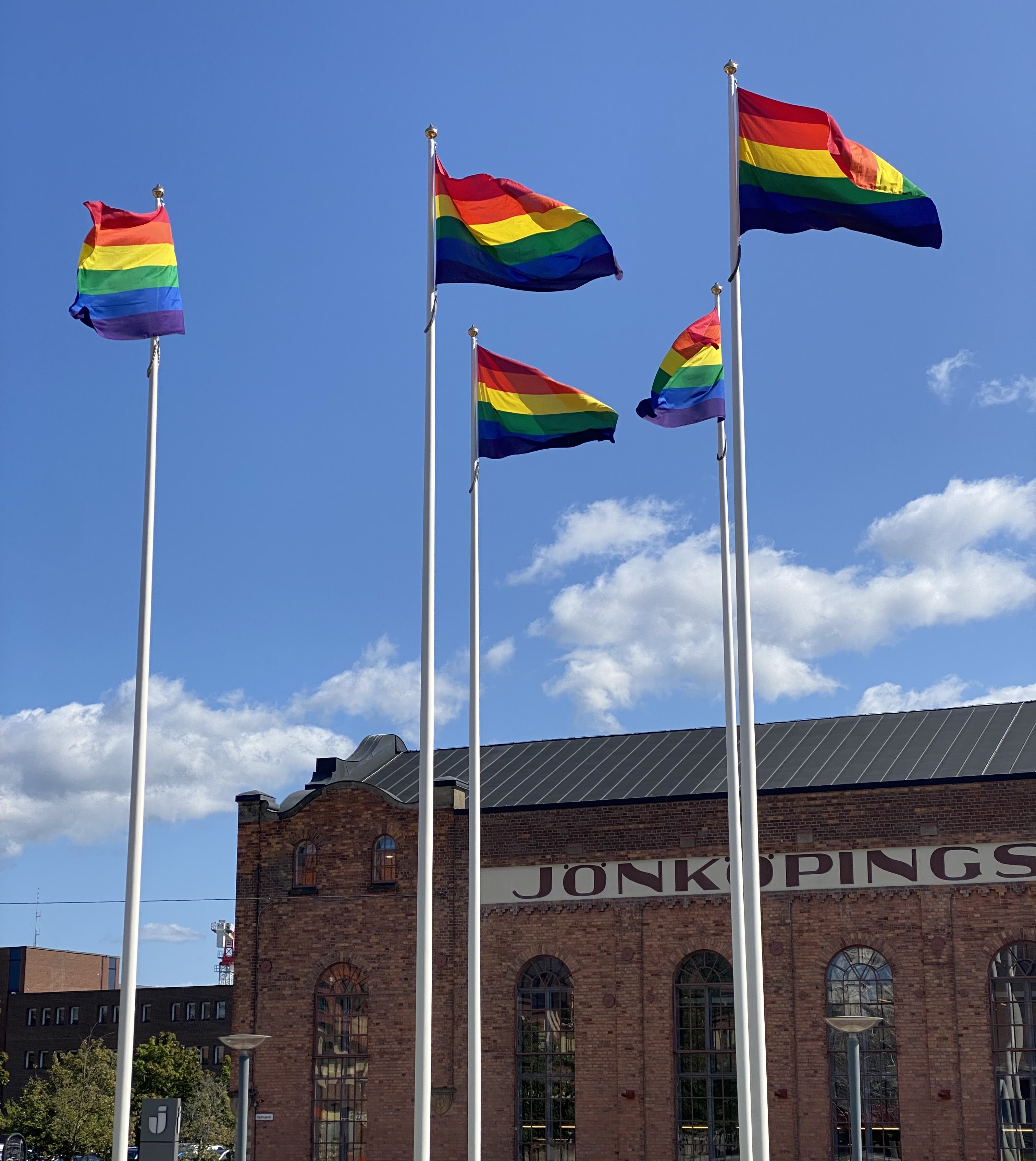 Regnbågsflaggor i rad mot en blå himmel