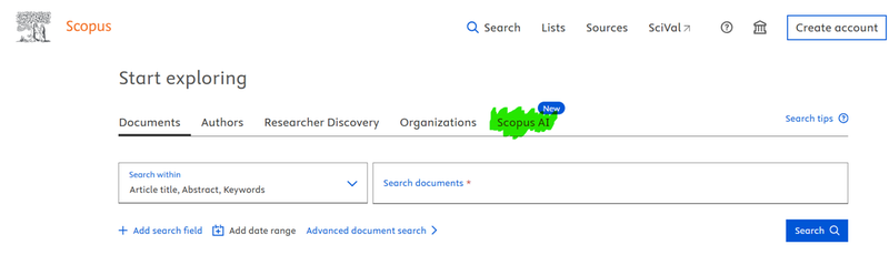 A screenshot of Scopus website with the link to Scopus AI highlighted with green marker