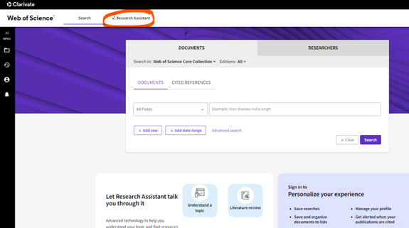 A screenshot of the Web of Science website with the tab for Research Assistant encircled.