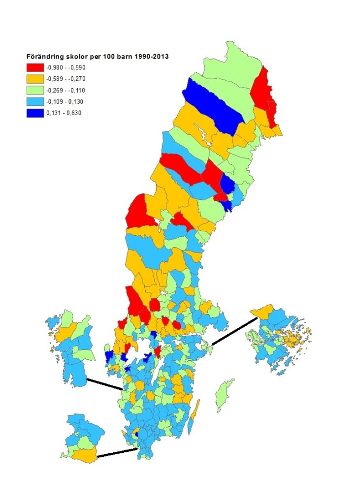 Förändring i antal skolor per 100 barn 1990 till 2013