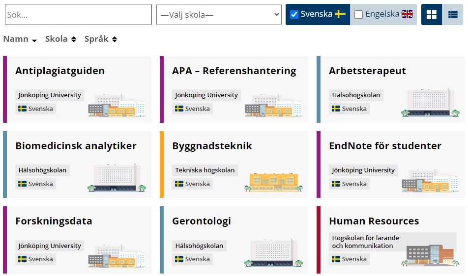 En skärmdump på bibliotekets lista över guider. På bilden syns en verktygspanel där det går att söka och filtrera listan. I listan över guider är guiderna uppmärkta och designade efter vilken skola de riktar sig på med en illustration på skolbyggnaden.