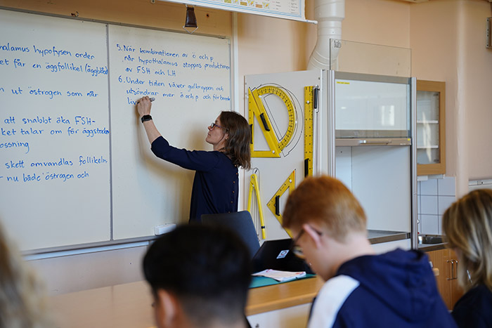 Lärare skriver på tavlan, barn i förgrunden.