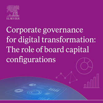Graphic displaying the article title ‘Corporate governance for digital transformation: The role of board capital configurations’ with abstract digital icons and data-themed visuals.
